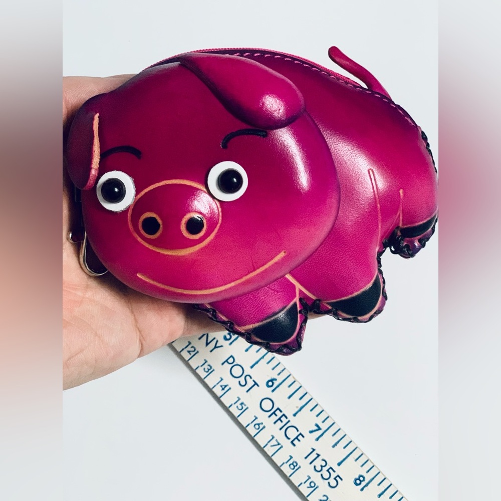 Handmade Rose Pink Leather Piggy Coin Wallet